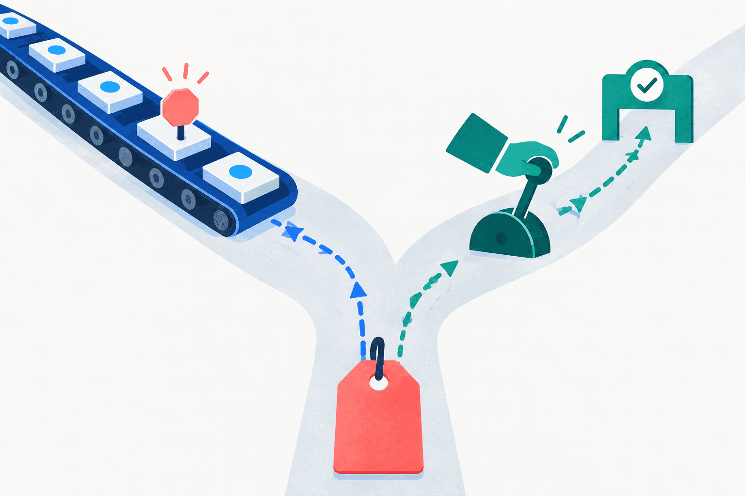 A promotional tag reaches a fork between an automated path with a stop control and a manually approved path.