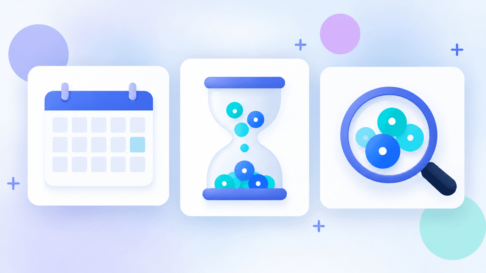 A blank calendar, an hourglass and a magnifying glass represent conversion delay and mature performance evaluation.