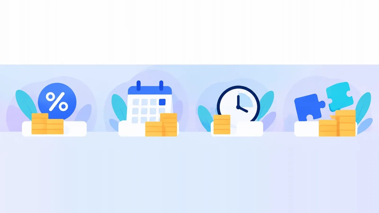 Four flat illustrations represent percentage fees, monthly retainers, hourly rates and hybrid pricing.