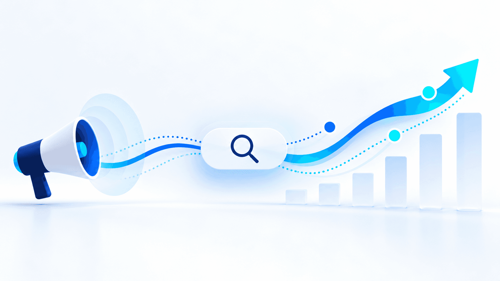 An abstract advertising signal flows through search activity toward rising indicators of demand.