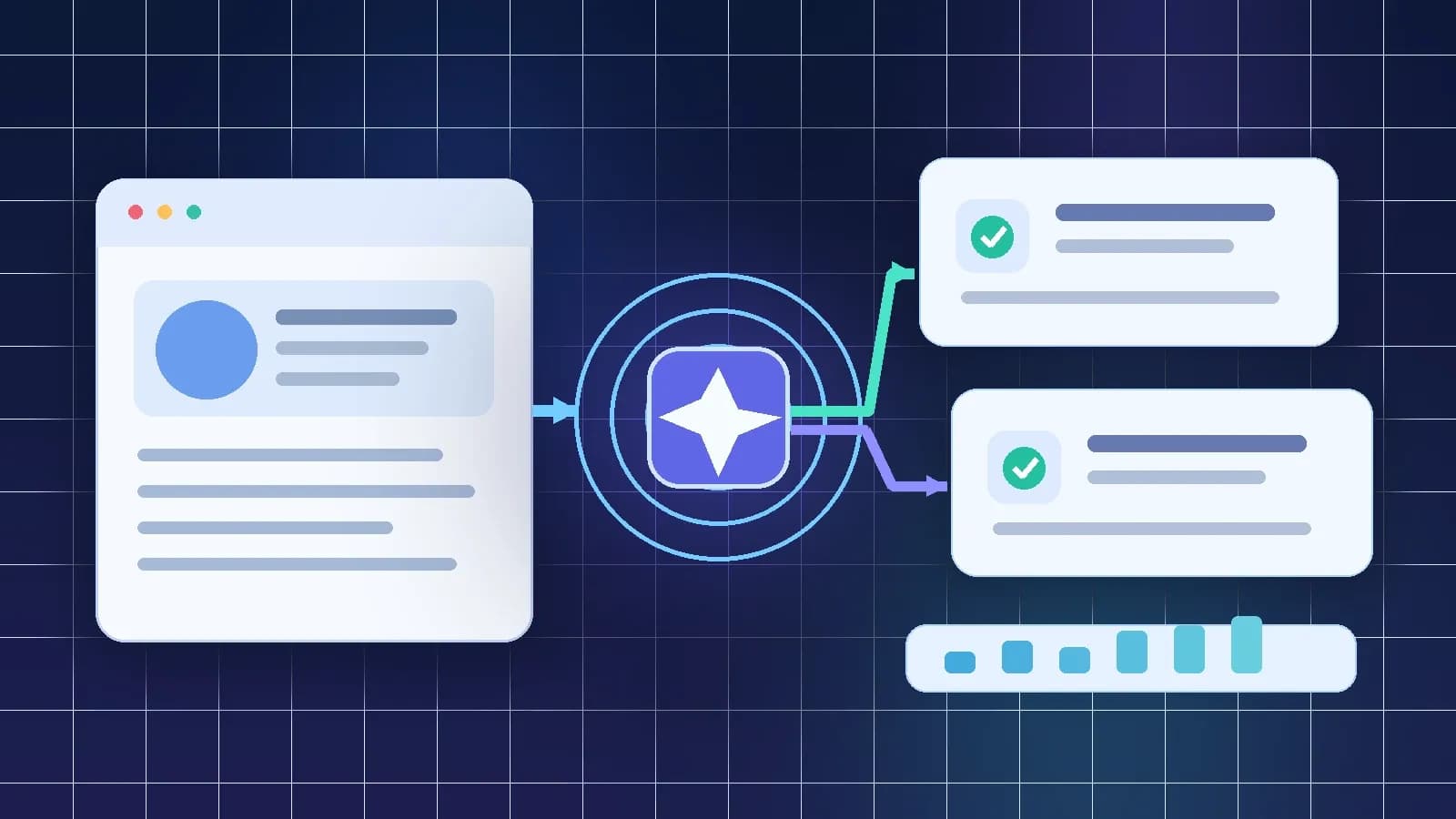 Editorial illustration of a landing page being transformed into AI-generated Search ad variations, with visual indicators representing creative quality checks.