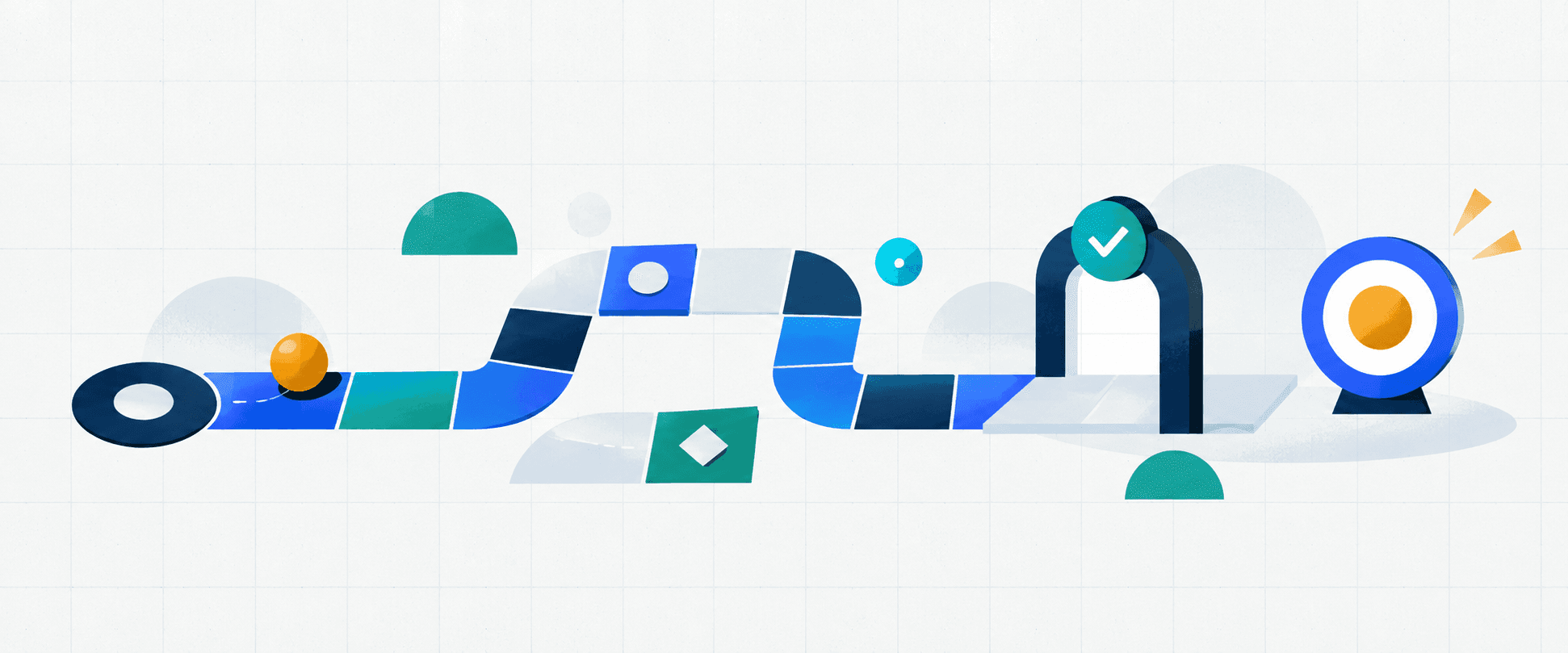 A modular interactive path passes through an approval gate towards a marketing objective.