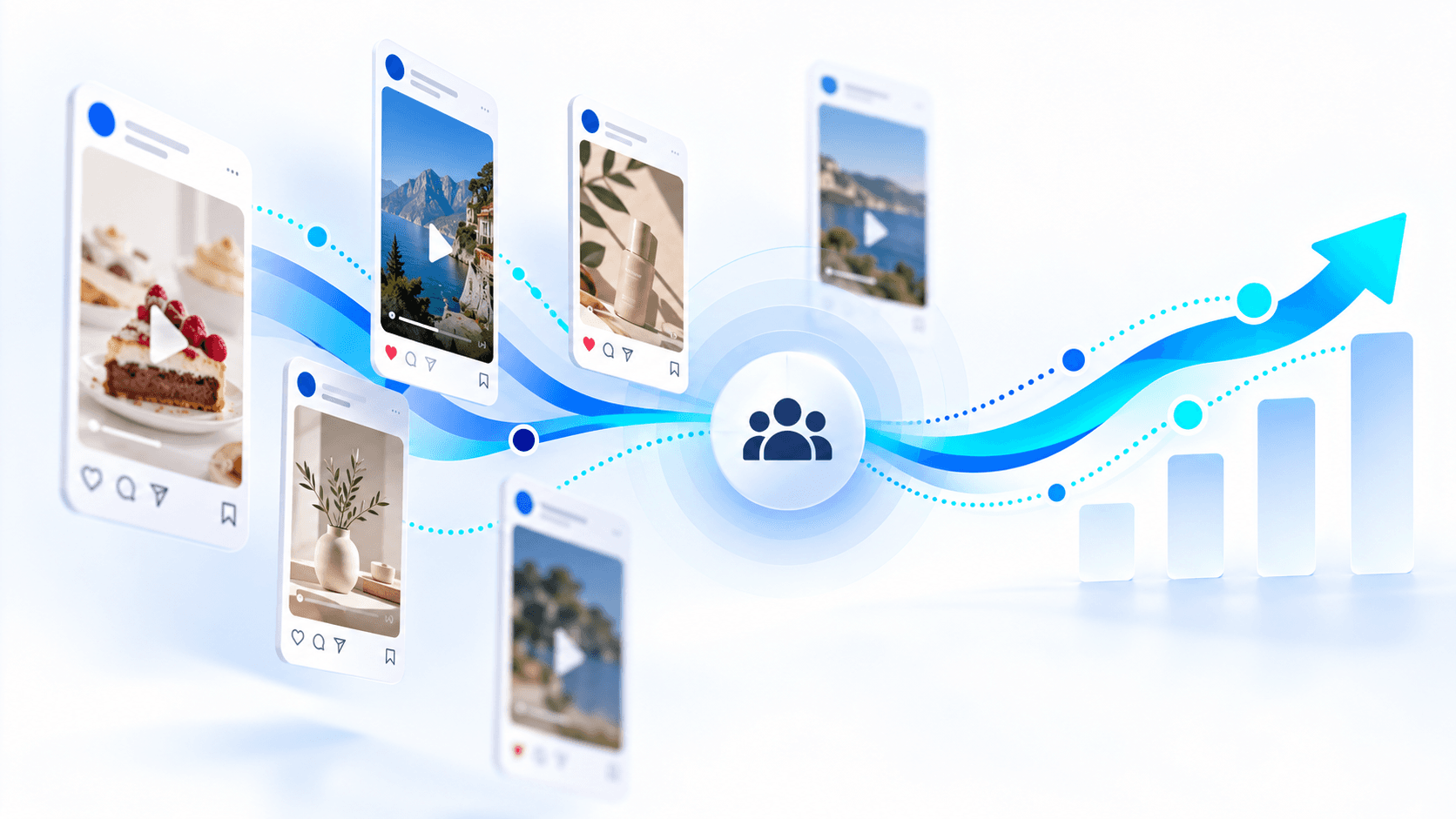 Generic social video cards converge into an audience symbol and an abstract growth signal.