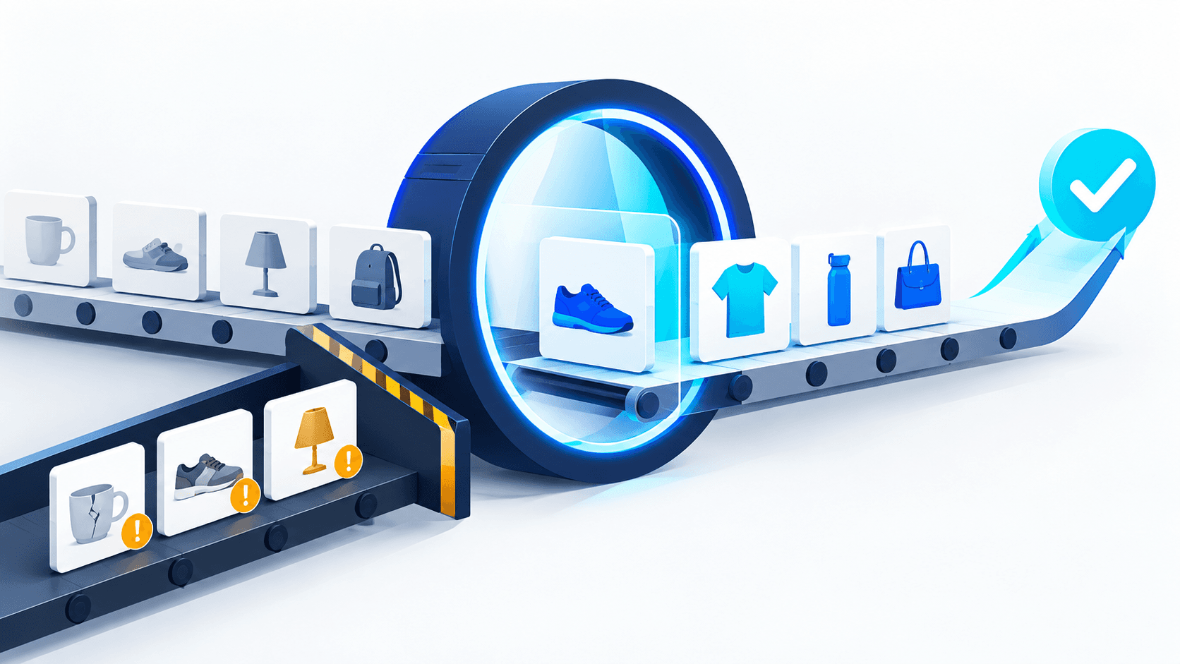 Product cards pass through a catalogue quality inspection, with mismatched items separated from approved products.