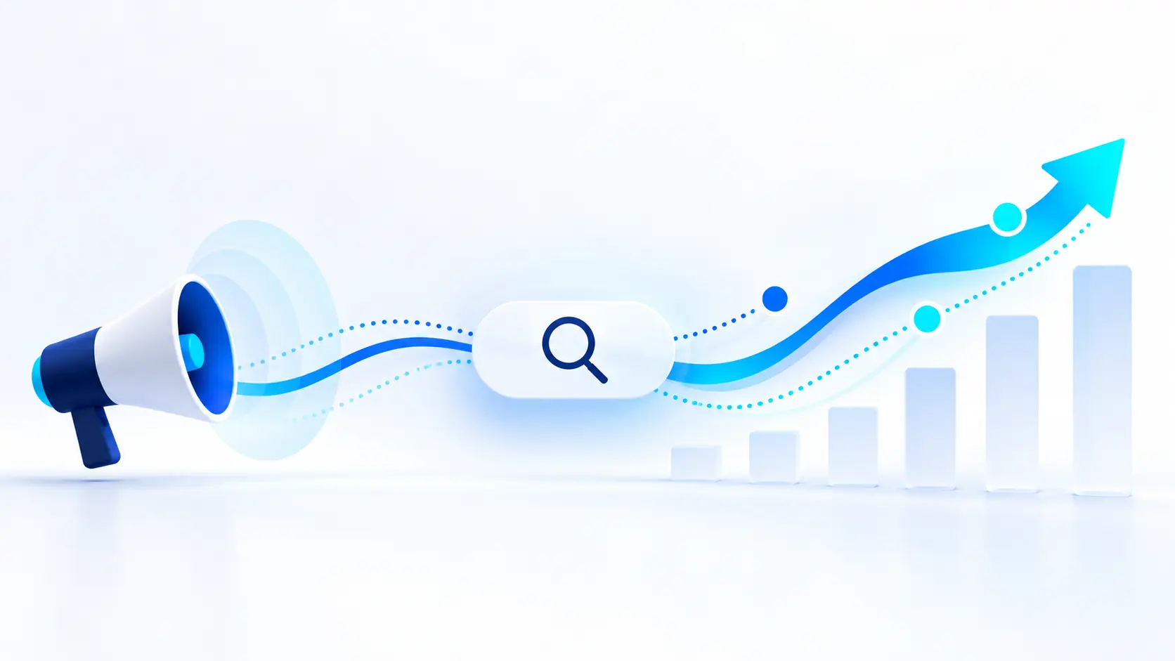 An abstract advertising signal flows through search activity toward rising indicators of demand.
