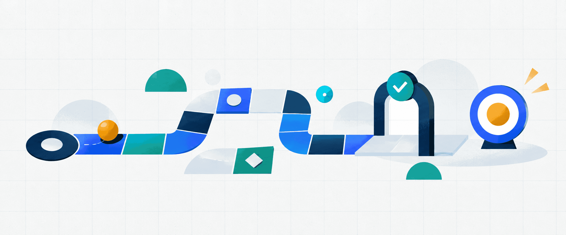 A modular interactive path passes through an approval gate towards a marketing objective.