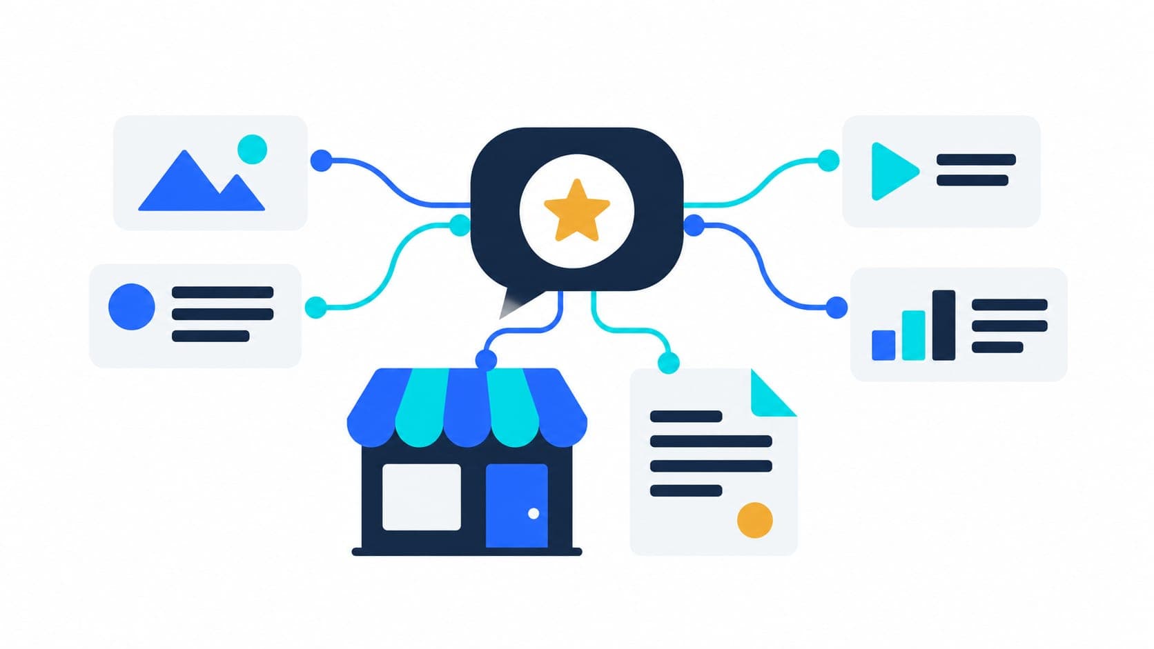 A storefront and evidence cards connect to an abstract conversational recommendation.