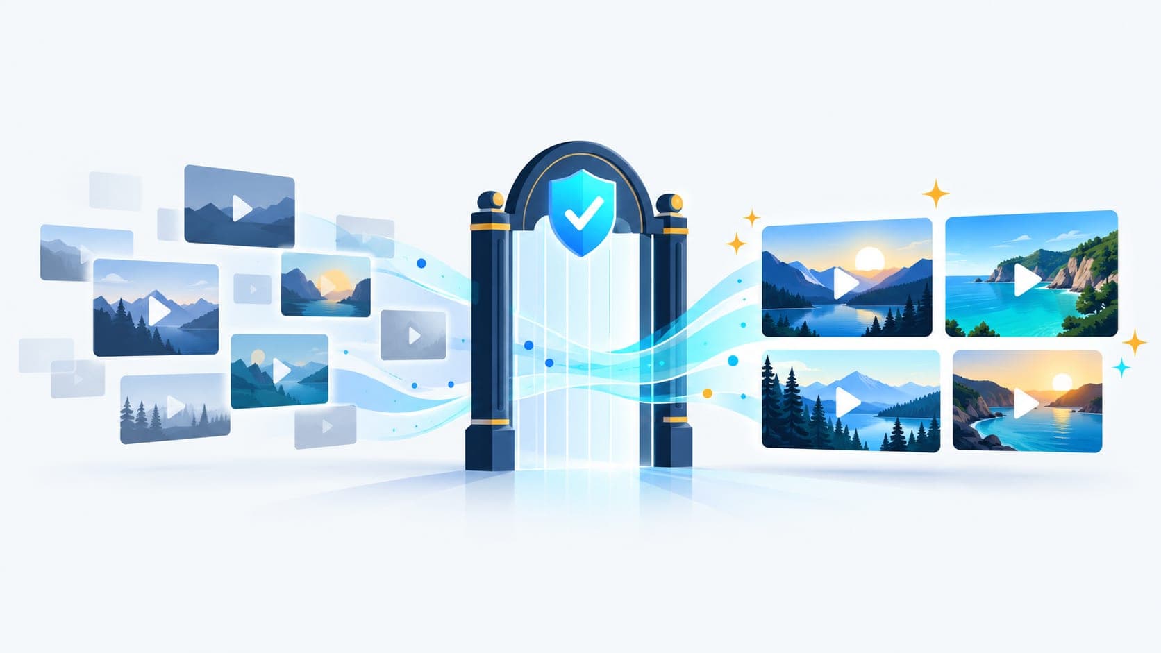 Abstract video tiles pass through an approval gate into a curated advertising asset collection.