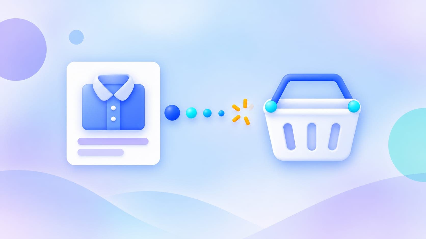 A blue shirt on a product card faces an empty shopping basket across an interrupted trail of browsing signals.