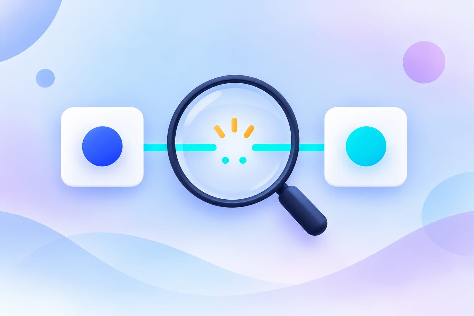 A magnifying glass highlights a missing connection between blue and cyan event cards.